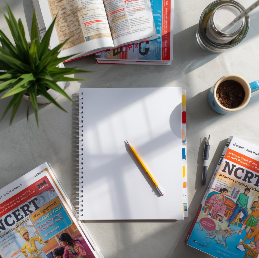 NCERT desk flat-lay with notebook and pencil